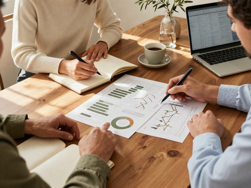 A collaborative strategy workshop with business reports and a notebook on a warm wooden desk